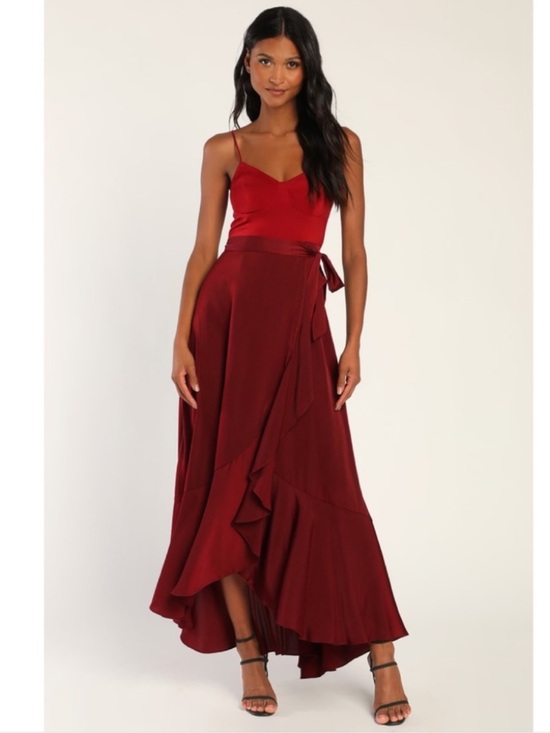 Lulus Dresses & Skirts - Lulus Double Darling Burgundy Color Block Satin Ruffled Maxi Dress Medium NWT